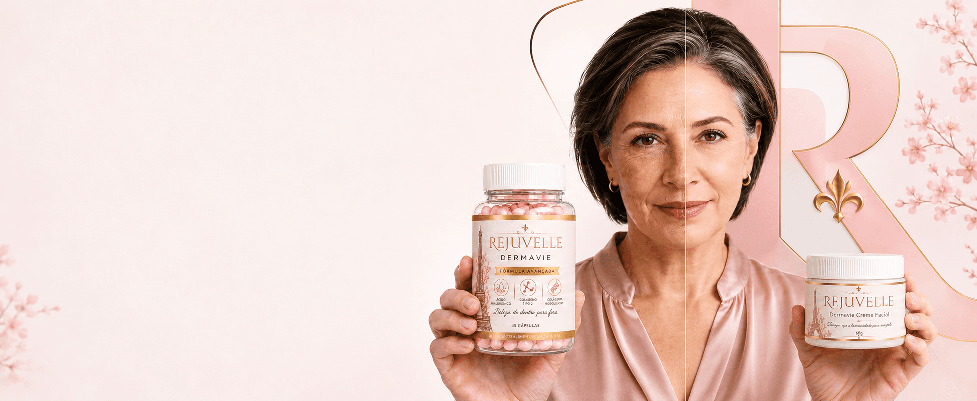 Mulher apresentando Dermavie Cápsulas e Creme Facial Rejuvelle
