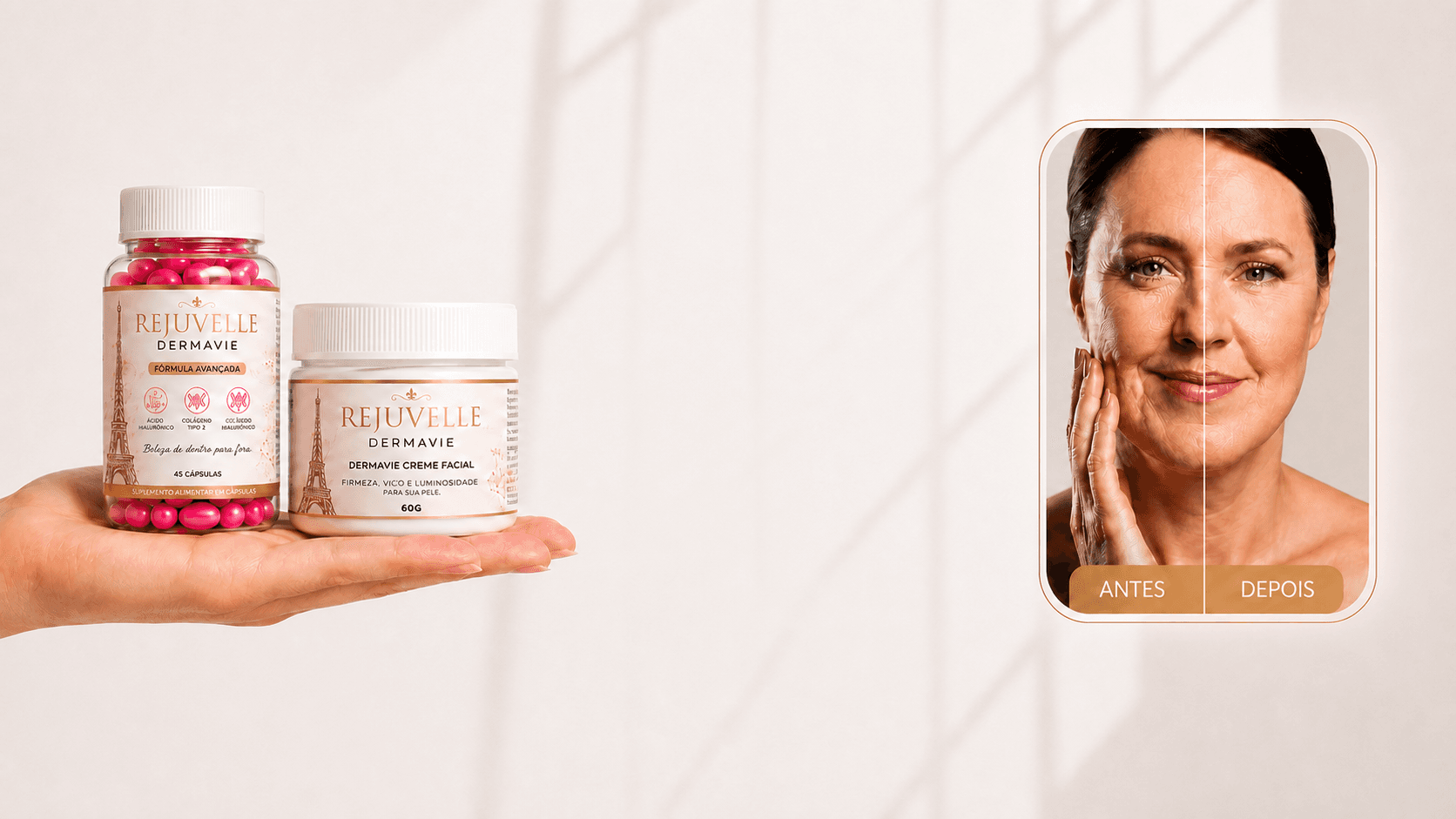 Produtos Rejuvelle e comparação visual antes e depois